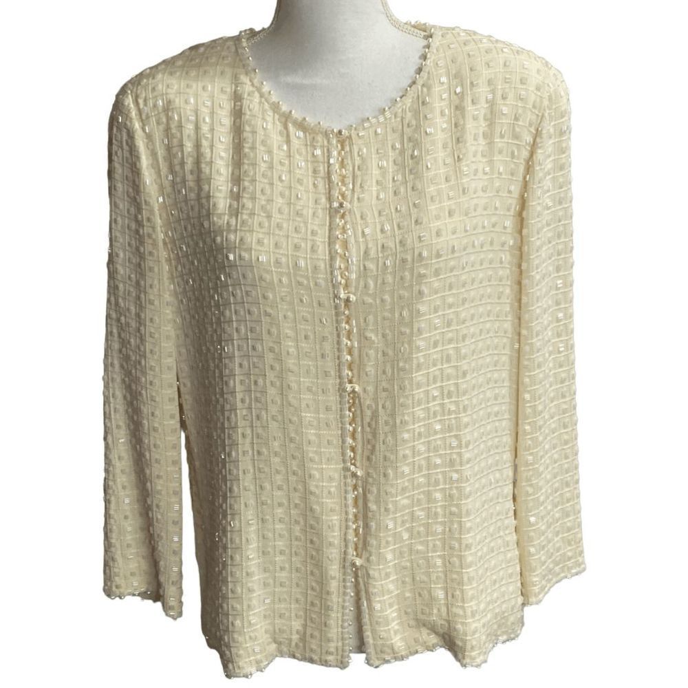 DD Collection Cream Beaded Silk Long Sleeve Tunic Blouse Women's Size 10